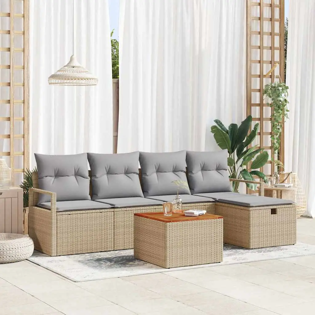 Ensemble d’Extérieur 6 pcs Poly Rotin et Bois avec Coffre de Rangement 5 Places Beige – ComfortXL Outdoor Living