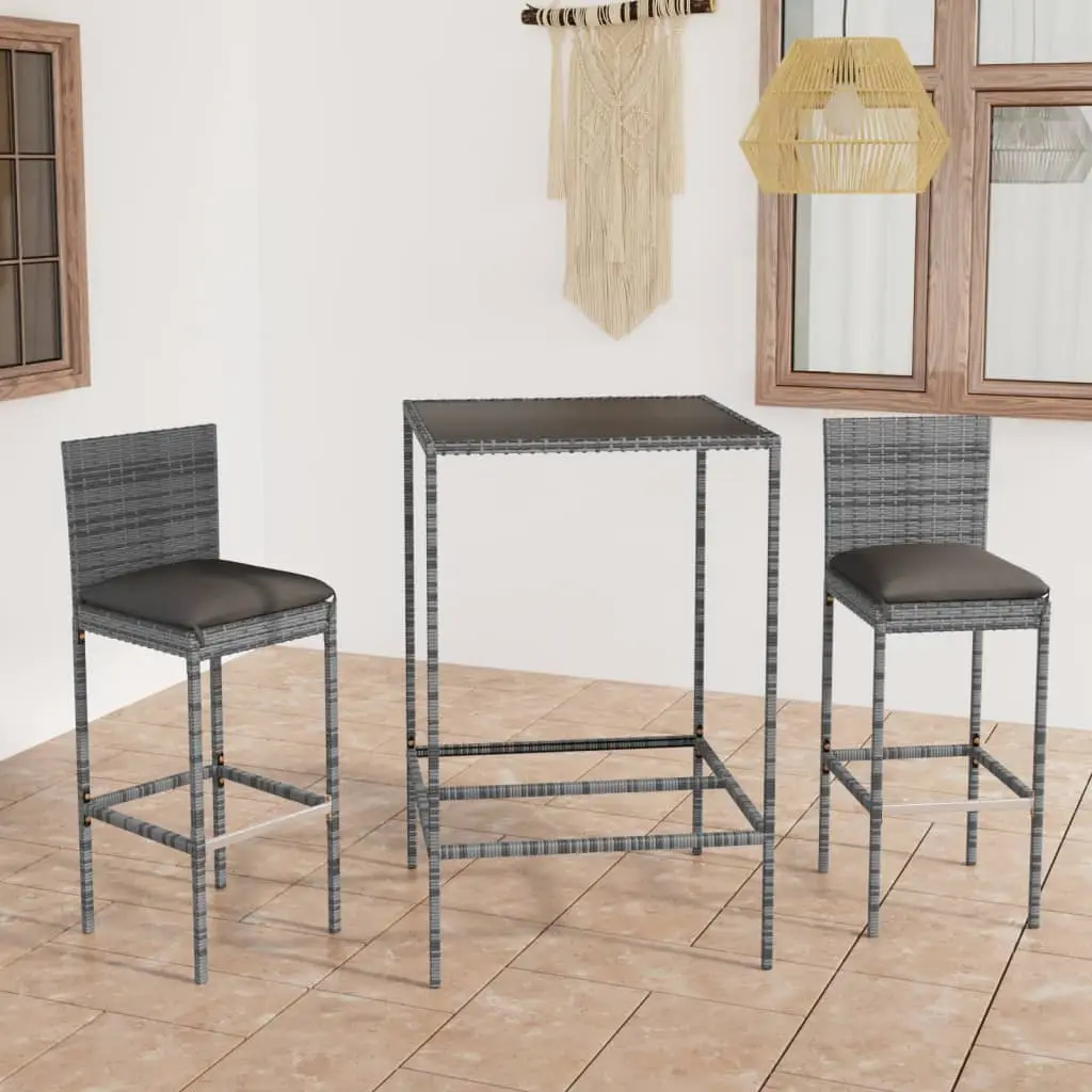 Ensemble de bar de jardin 3 pcs et coussins Résine tressée Gris vidaXL 3064829