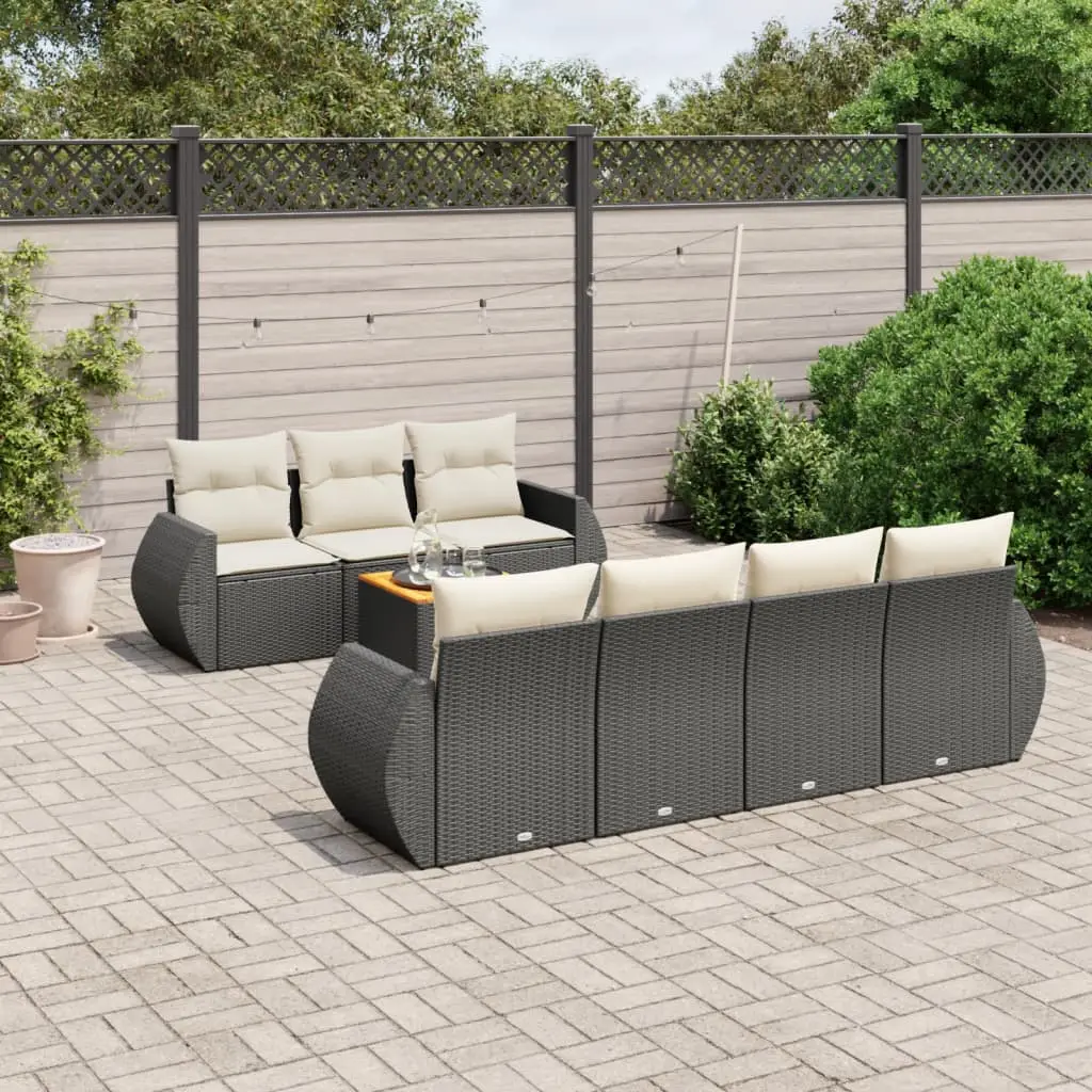 Ensemble de jardin 8 pièces modulable en poly rotin et bois d’acacia Noir avec Coussins Crème – ComfortXL Outdoor Living