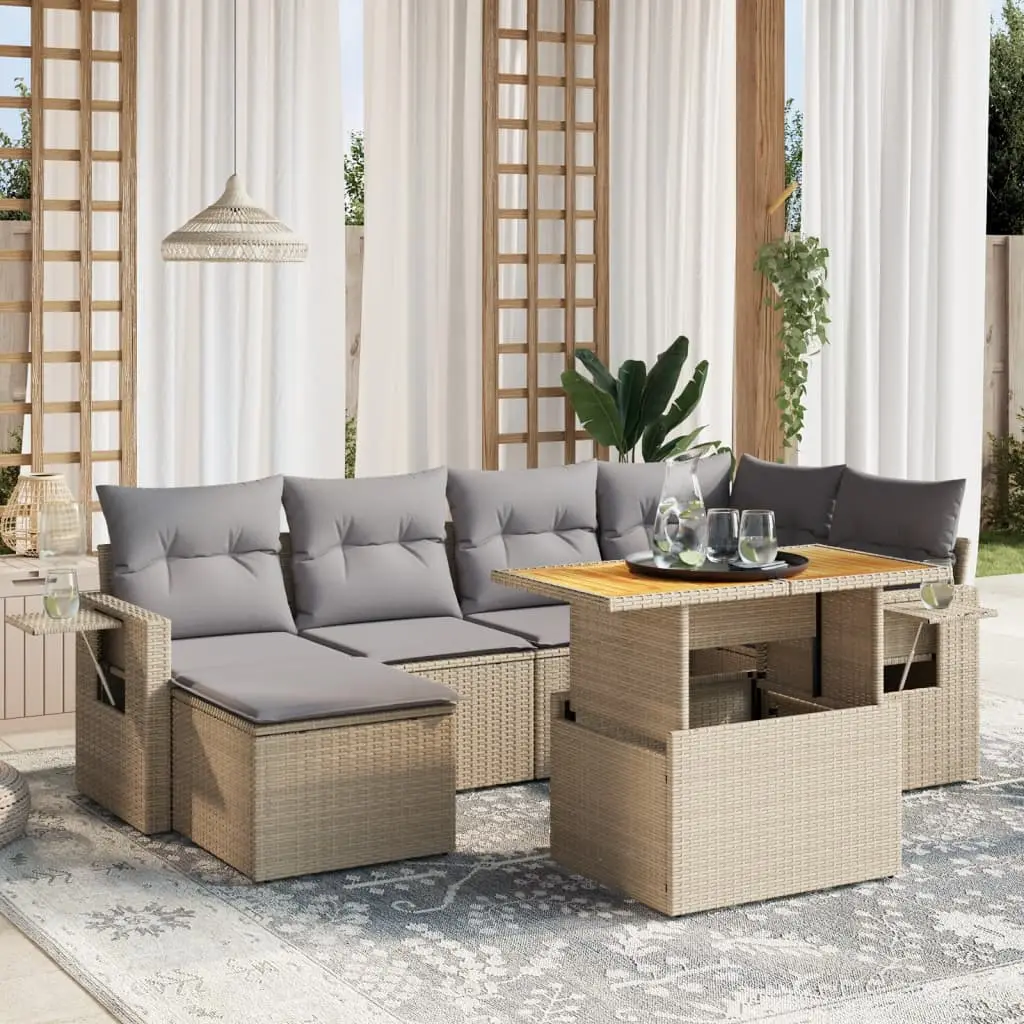 Ensemble de Jardin 7 pcs Modulable Résine Tressée Beige et Coussins Gris – ComfortXL Outdoor Living