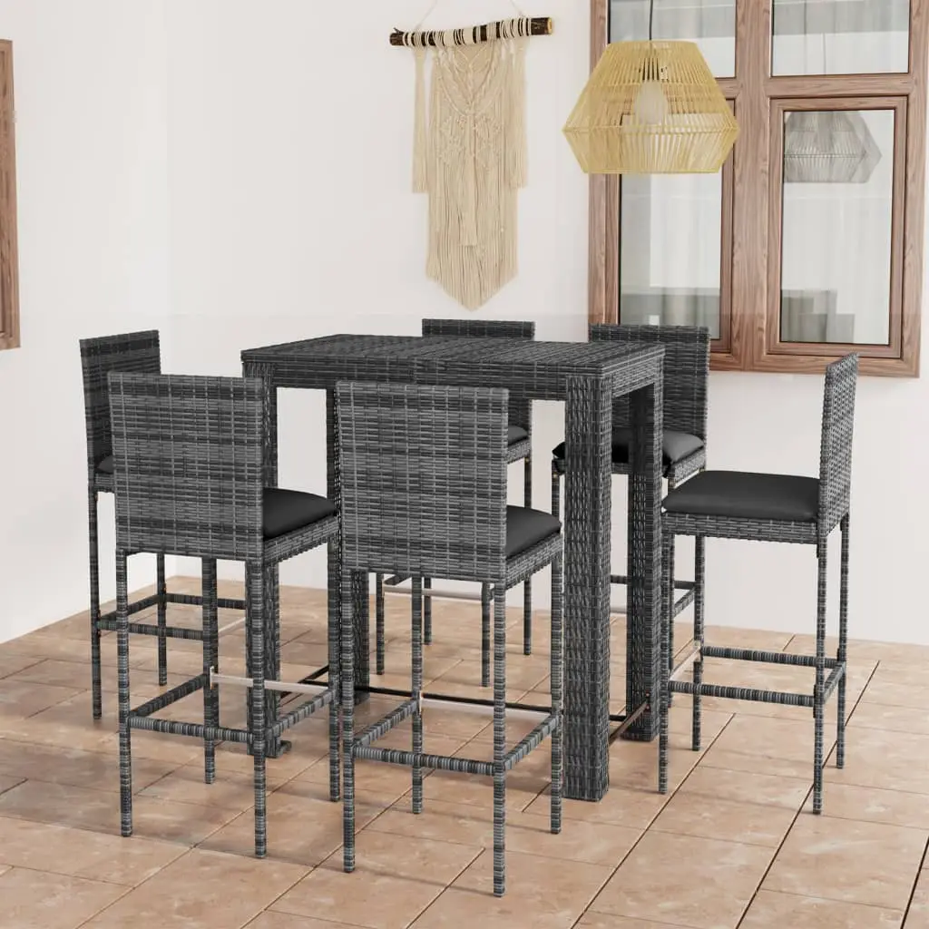 Ensemble de bar d’extérieur 7 pcs coussins Résine tressée Gris vidaXL 3064799
