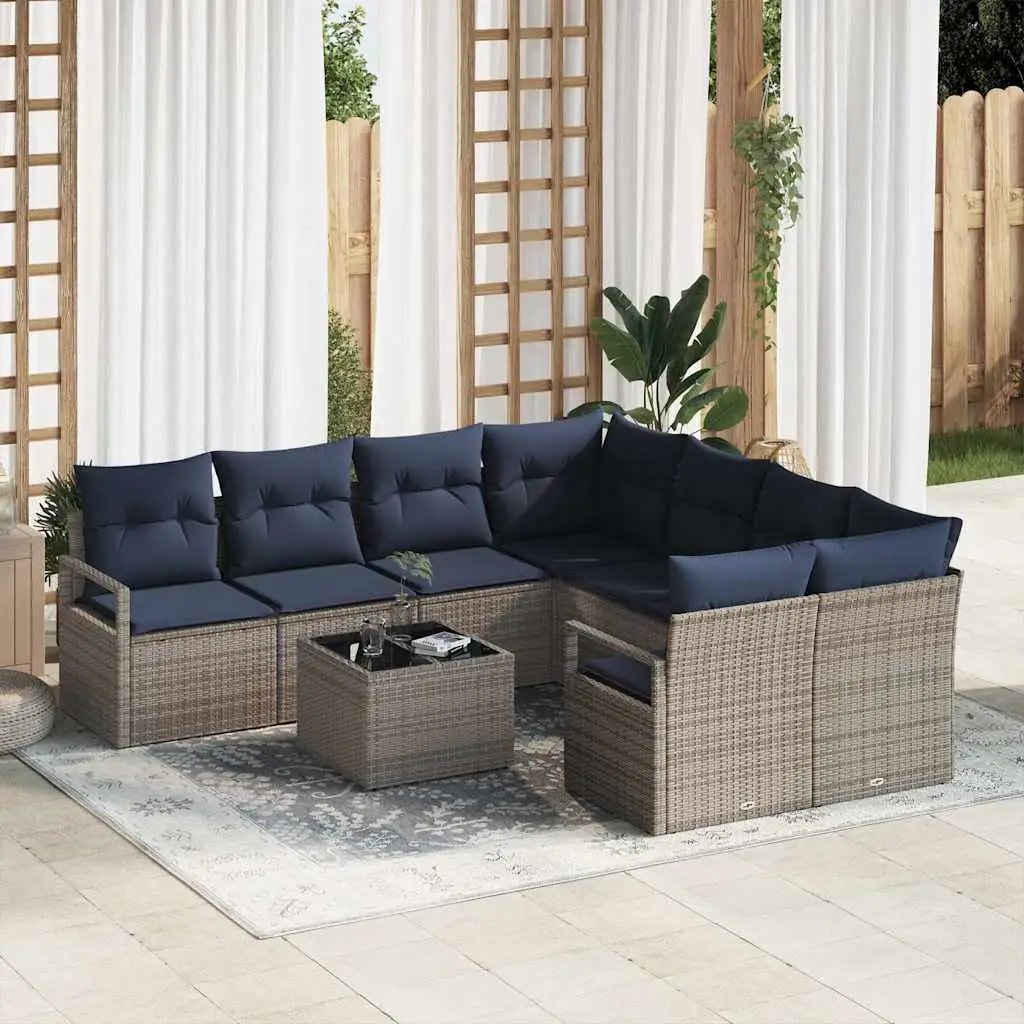 Ensemble de Canapés avec coussin 9 pcs Gris et marine polyrotin vidaXL 3346325