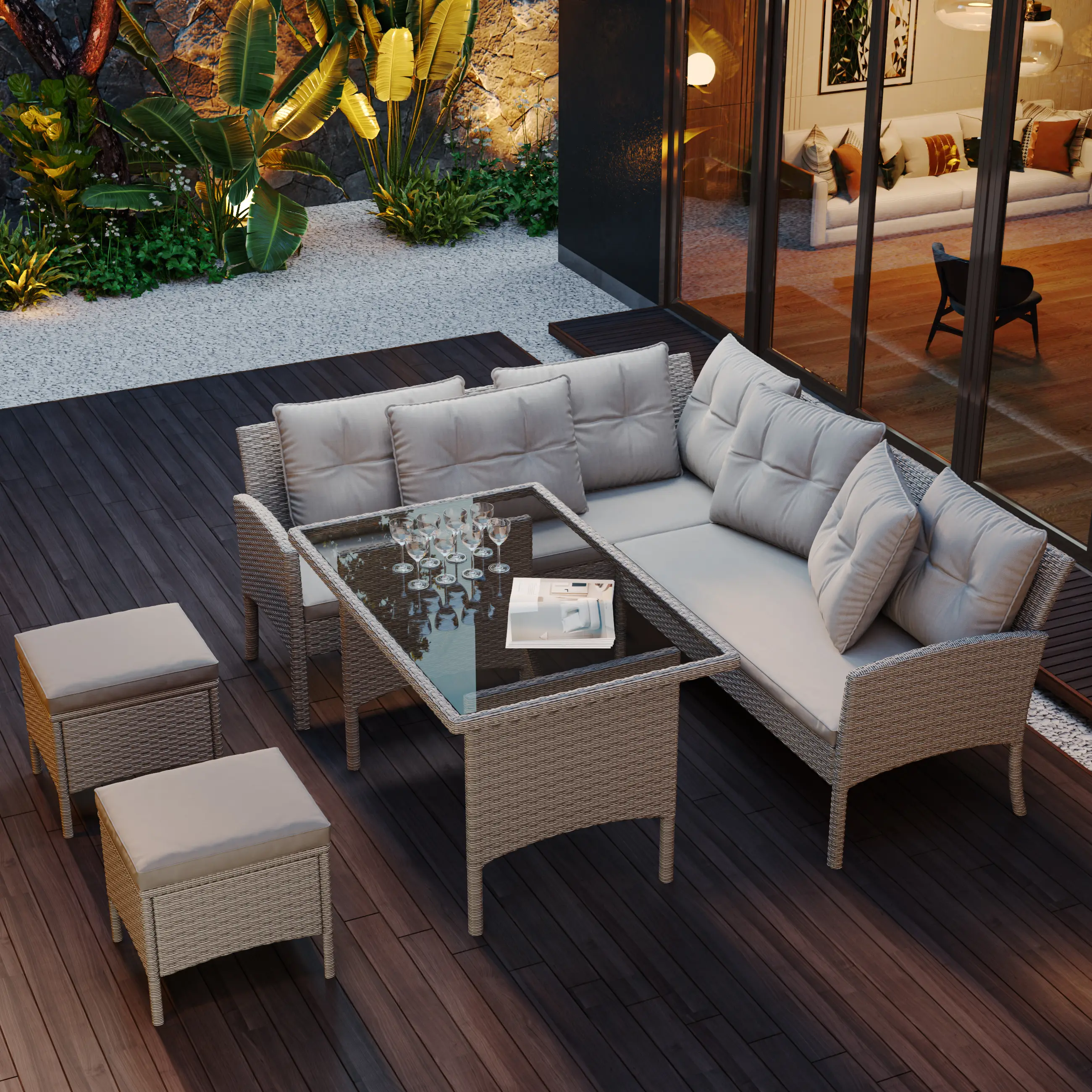 Ensemble de meubles de jardin en poly rotin pour 7 personnes avec canapé, table à manger, tabourets et coussins, kaki