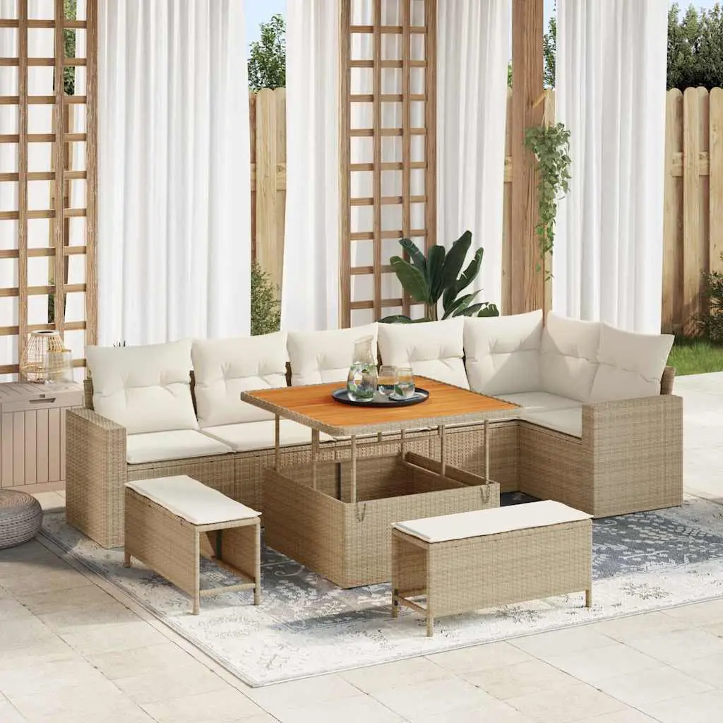 Ensemble de jardin 8 personnes modulable en résine et bois avec table basse Beige – ComfortXL Outdoor Living