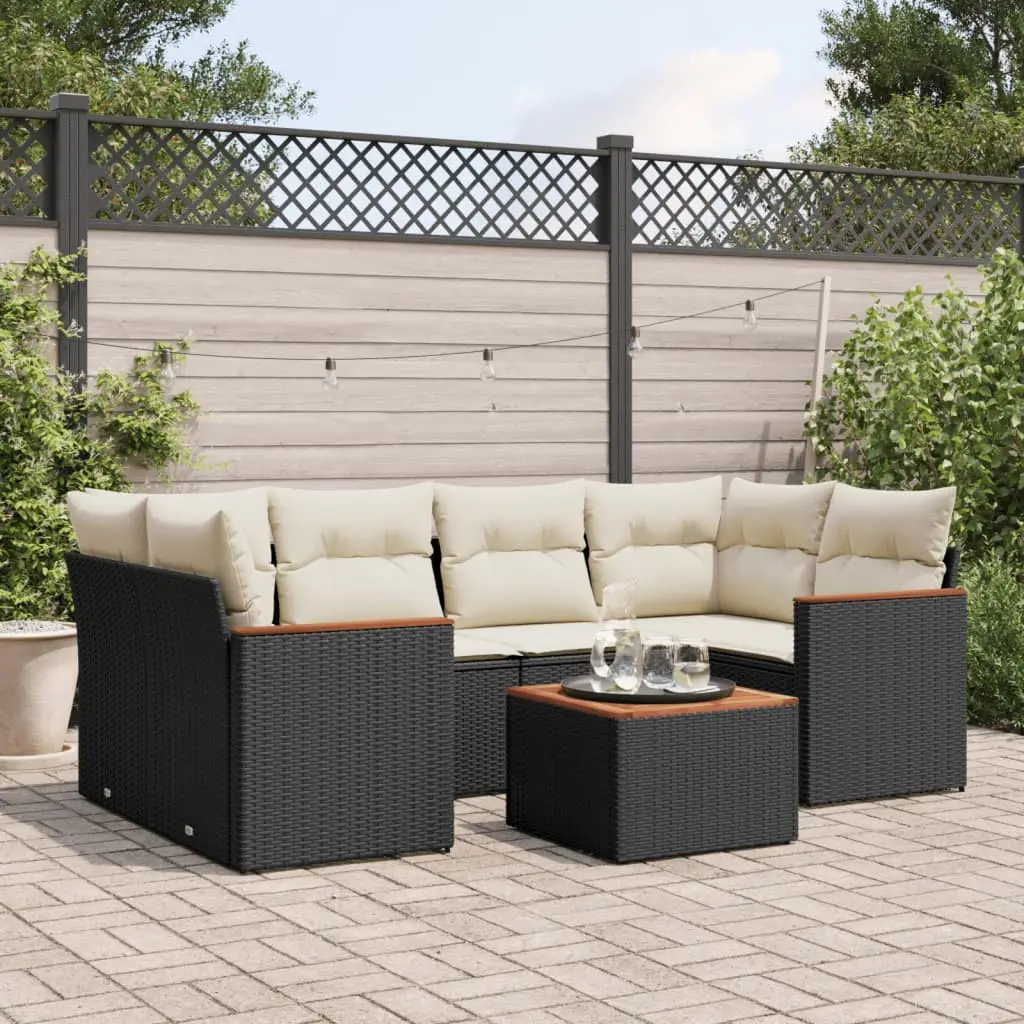 Ensemble de jardin 7 pièces résine tressée et table en bois d’acacia modulable pour patio Noir et Crème – ComfortXL Outdoor Living