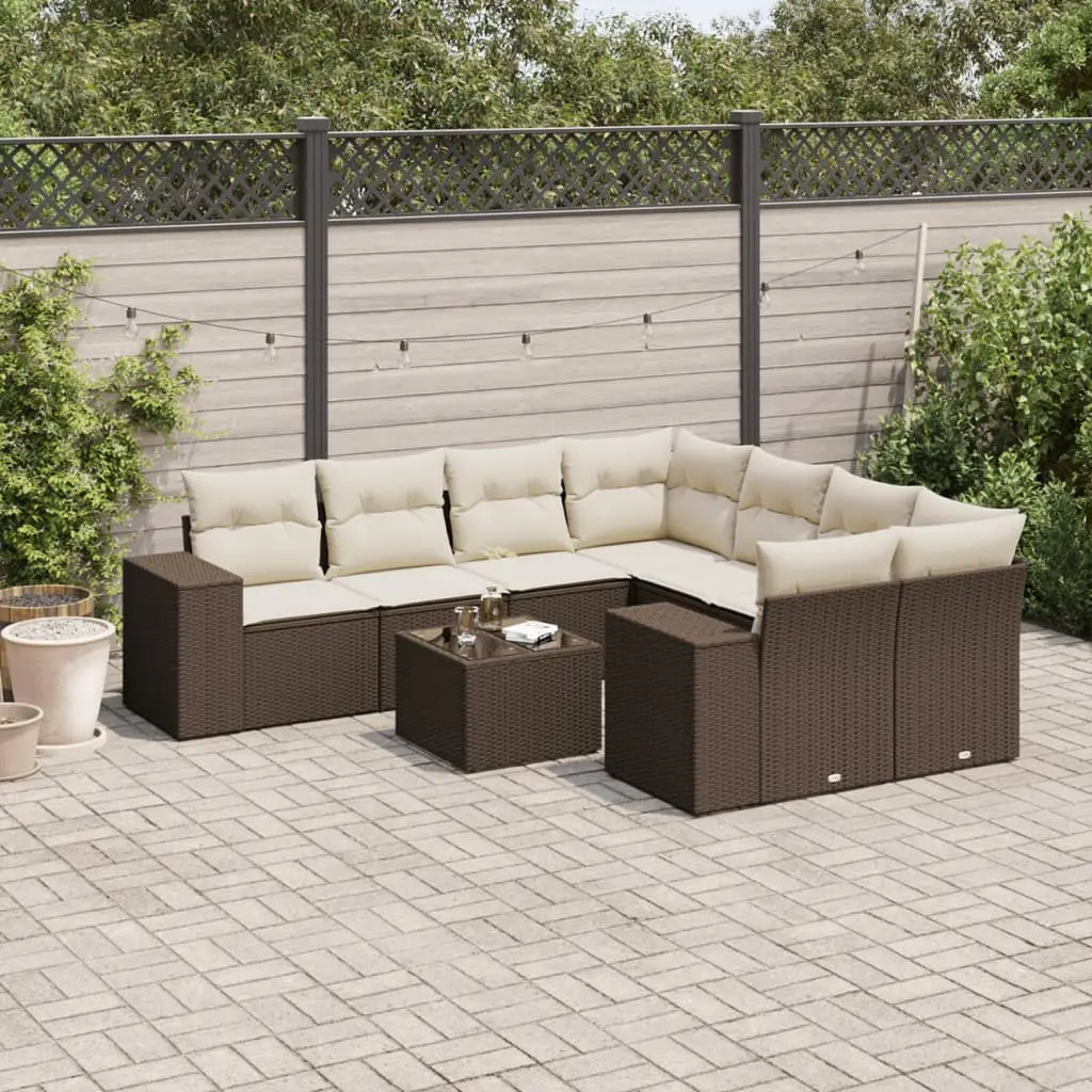 Ensemble de jardin 9 pcs poly rotin modulable avec rangement et table en verre pour extérieur Marron – ComfortXL Outdoor Living
