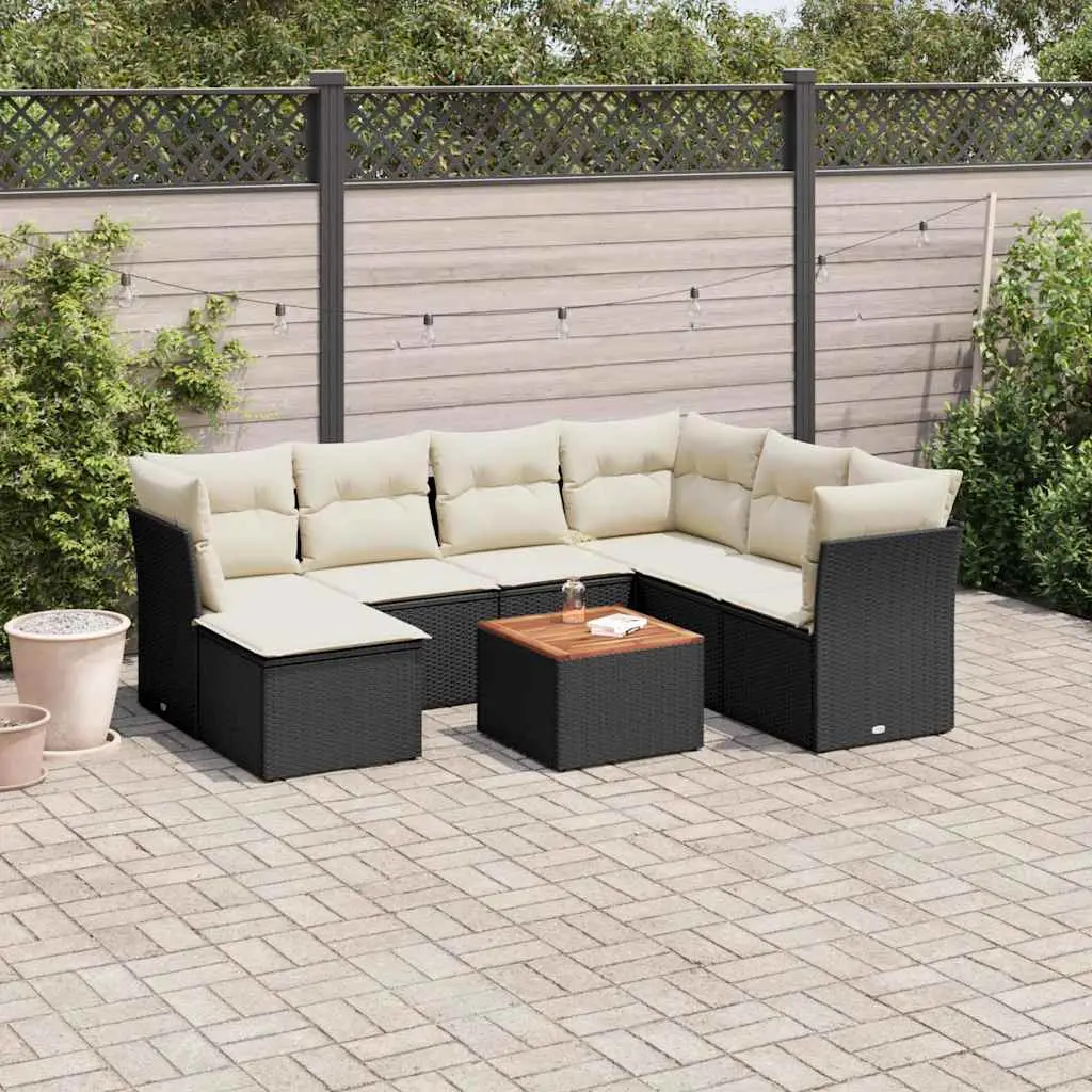 Ensemble de Jardin 8 Pièces 7 Places Résine Tressée avec Pouf Table Acacia et Rangement Noir – ComfortXL Outdoor Living