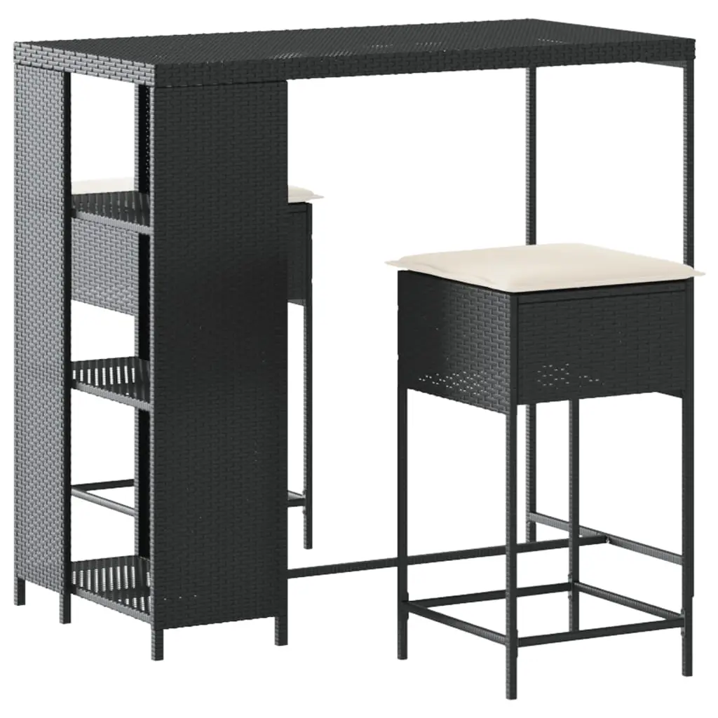 Ensemble de 3 pcs bar de jardin – Mobilier d’extérieur – Mobilier de jardin avec coussins noir poly rotin-JU2167