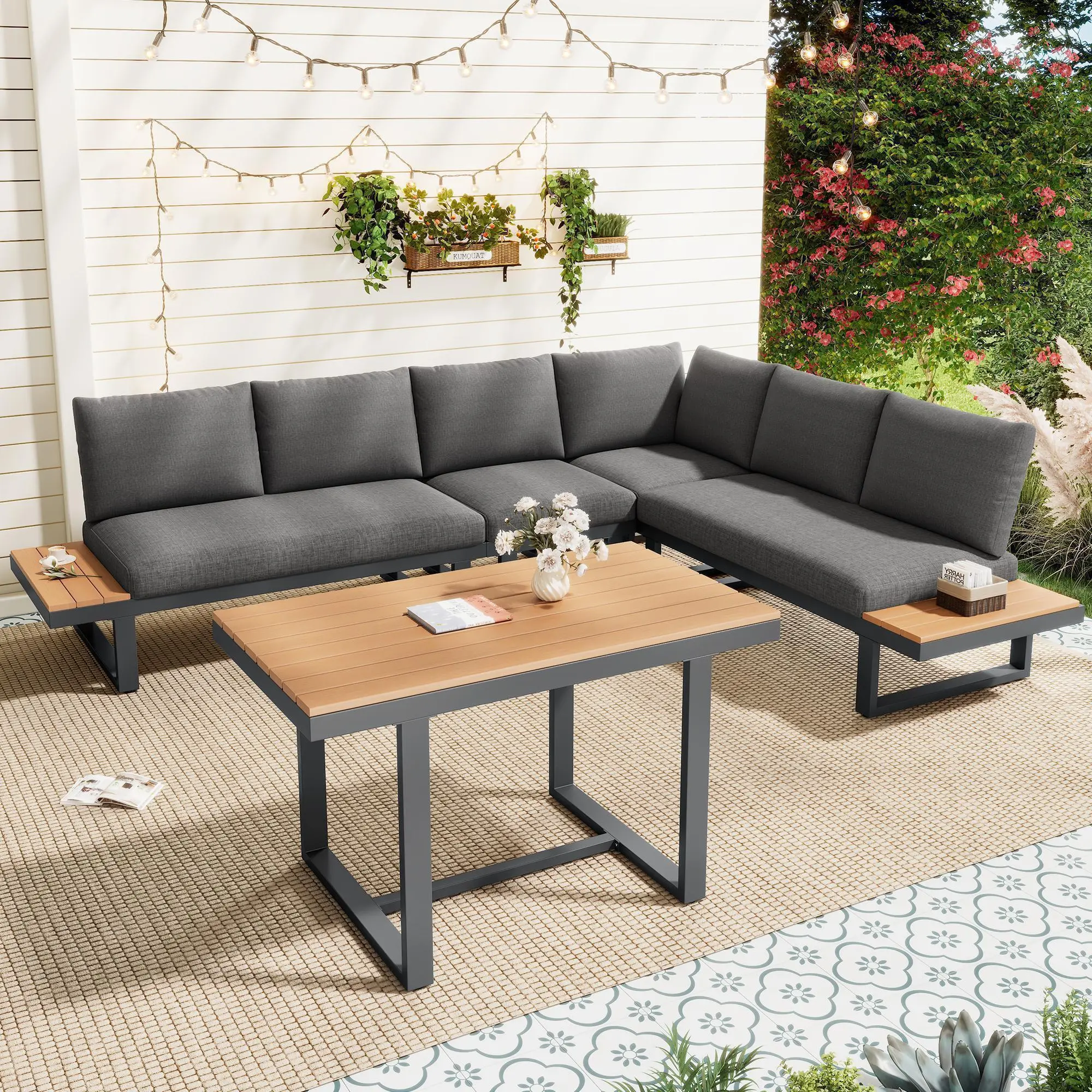 Ensemble de mobilier de jardin, avec inclinaison réglable (5 positions, jusqu’à 55°), tubes en acier galvanisé, gris + noir