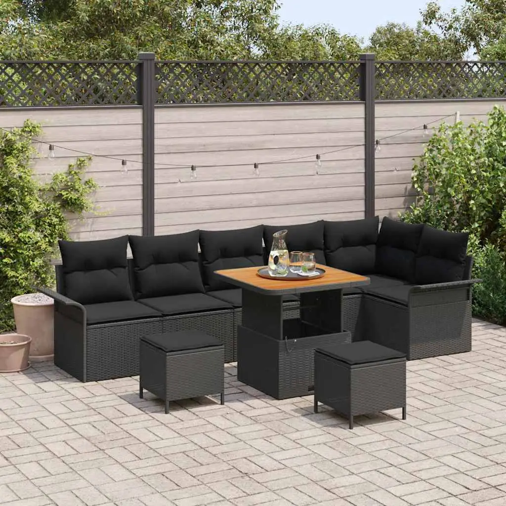 Ensemble de jardin contemporain 8 places polyrotin et bois avec table et poufs Noir – ComfortXL Outdoor Living