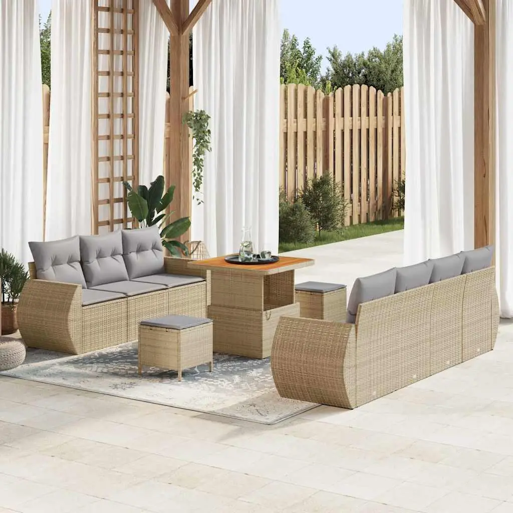 Ensemble Canapé de Jardin 9 Places Beige, Mobilier Modulable en Polyrotin et Bois d’Acacia pour Grande Terrasse – ComfortXL Outdoor Living