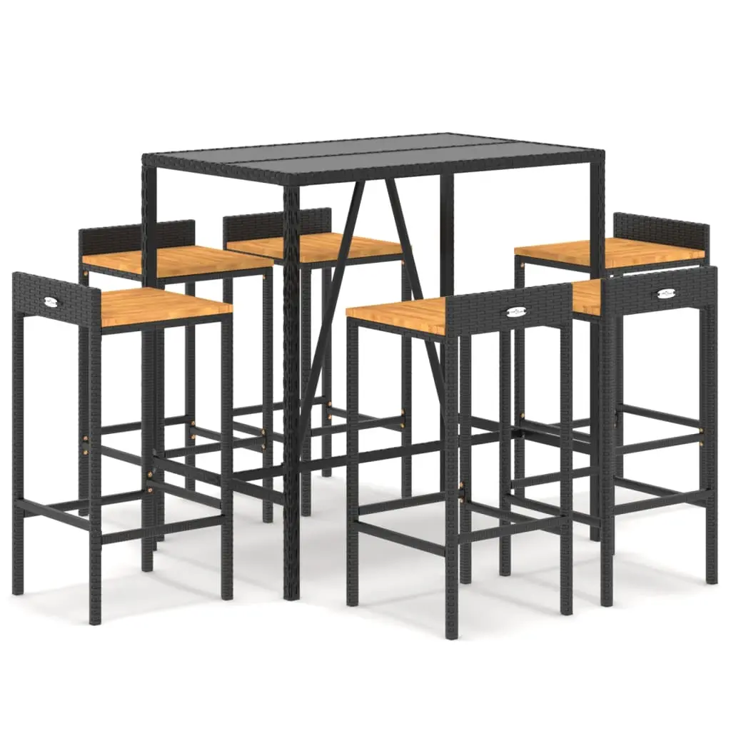 Ensemble de 7 pcs bar de jardin – Mobilier d’extérieur noir poly rotin/bois massif acacia