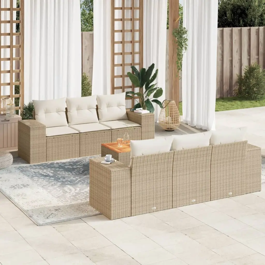 Ensemble canapés de jardin 7 pièces résine tressée et acacia modulable avec table basse pour extérieur Beige – ComfortXL Outdoor Living