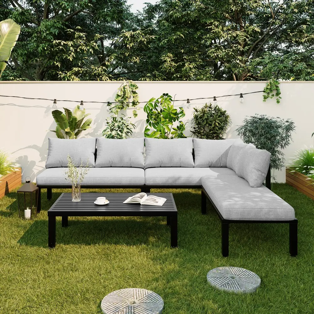 Ensemble de mobilier de jardin, structure en fer galvanisé, 6 places, pieds réglables, dossiers amovibles, gris