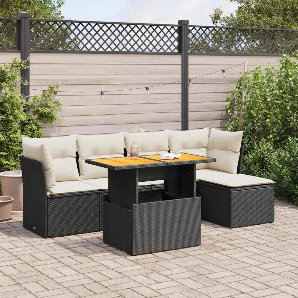 Ensemble de jardin 6 places avec pouf coffre résine tressée et bois table relevable Noir – ComfortXL Outdoor Living
