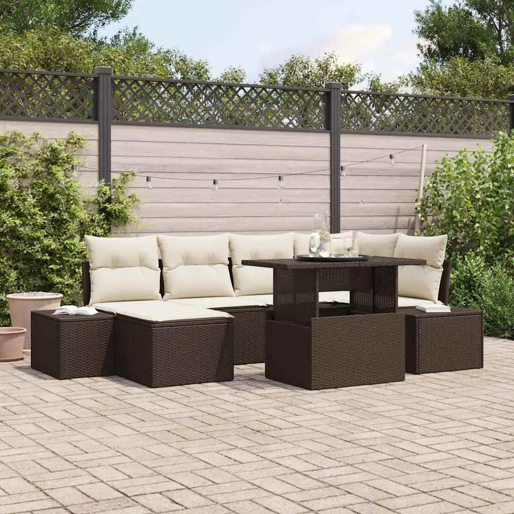 Ensemble de jardin 7 pièces Poly rotin avec rangement et repose-pieds Marron – ComfortXL Outdoor Living