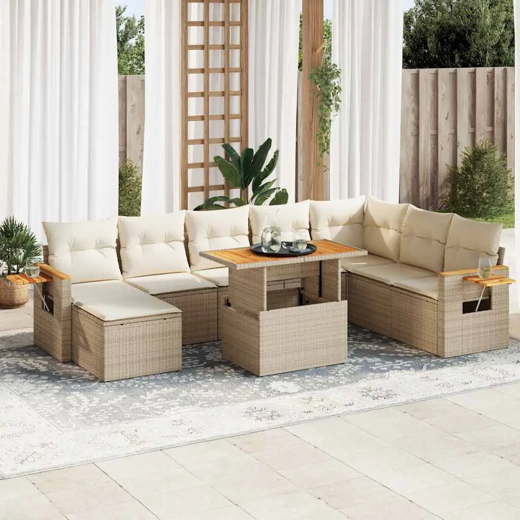 Ensemble de Jardin 9 pcs en Poly Rotin et Acacia Modulable avec Rangement pour Grande Terrasse Beige – ComfortXL Outdoor Living