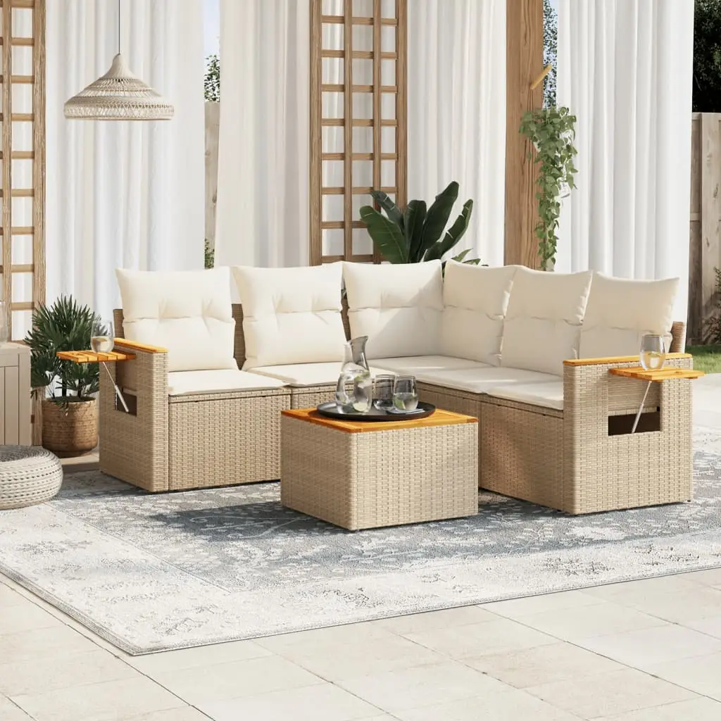 Ensemble de jardin 6 pièces résine tressée avec tablettes en acacia et rangement modulable Beige – ComfortXL Outdoor Living
