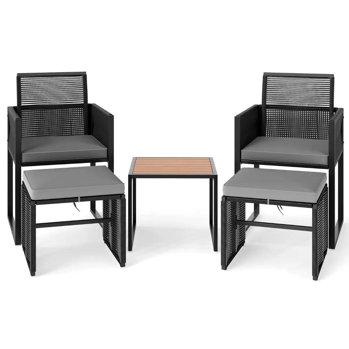 Ensemble de Meubles de Patio 5 Pièces Salon de Jardin en Osier PE avec 2 Chaises 2 Poufs et 1 Table Basse en Bois Gris