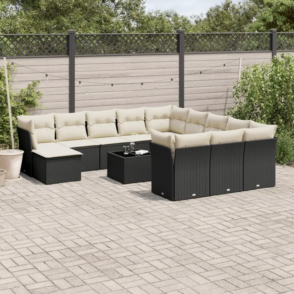 Ensemble canapés de jardin 12 places résine tressée avec rangement intégré pour terrasse Noir Coussins Crème – ComfortXL Outdoor Living