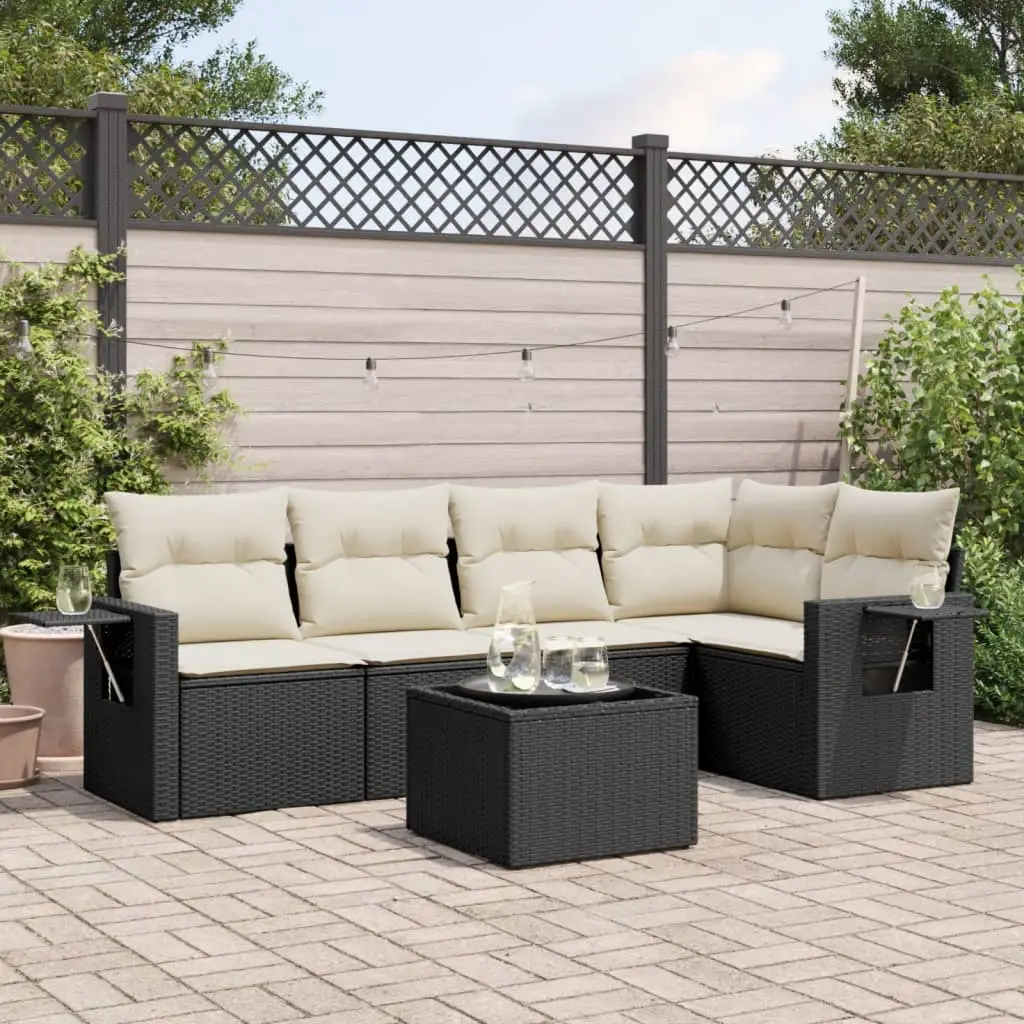 Ensemble canapé de jardin modulable 6 pcs résine tressée avec rangement et table pour extérieur Noir et coussins crème – ComfortXL Outdoor Living