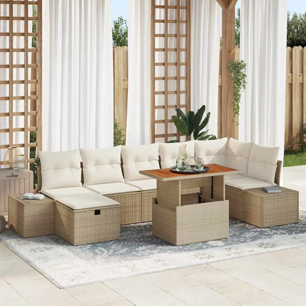 Ensemble de jardin 8 pcs polyrotin beige et bois d’acacia pour 7 convives – ComfortXL Outdoor Living