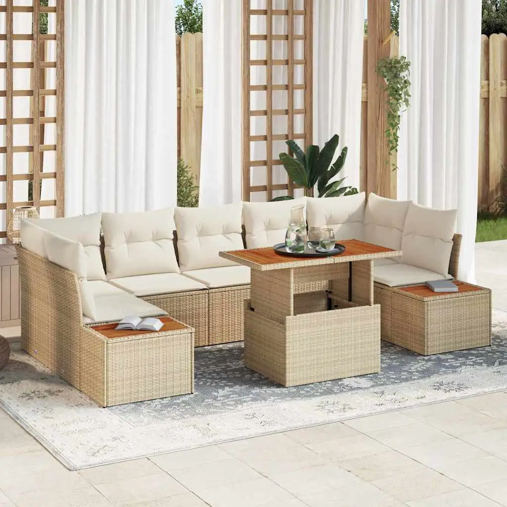 Ensemble de Jardin 8 Pièces Polyrotin et Bois Modulable avec Coffres et Table pour Terrasse Beige Crème – ComfortXL Outdoor Living