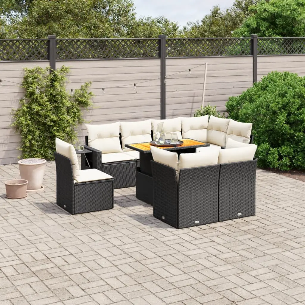 Ensemble de Jardin 9 pcs Résine Tressée Noire et Coussins Blanc Crème – ComfortXL Outdoor Living