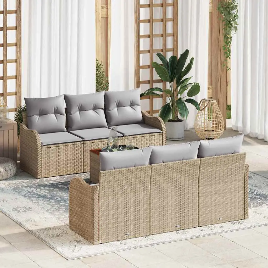 Ensemble de Jardin 6 Places en Résine et Acacia avec Rangement Modulable Beige et Gris Clair – ComfortXL Outdoor Living