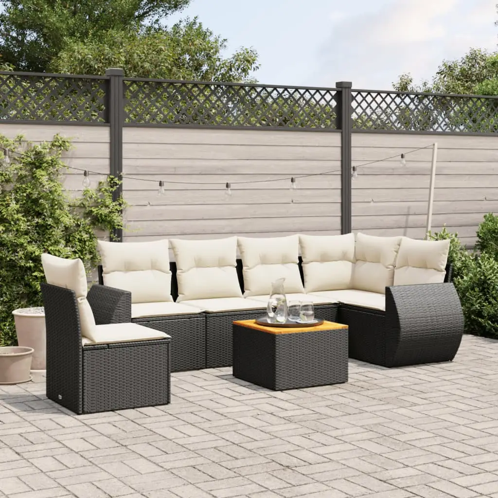 Ensemble de jardin 7 pièces modulable résine tressée avec table en acacia pour balcon Noir coussins Crème – ComfortXL Outdoor Living