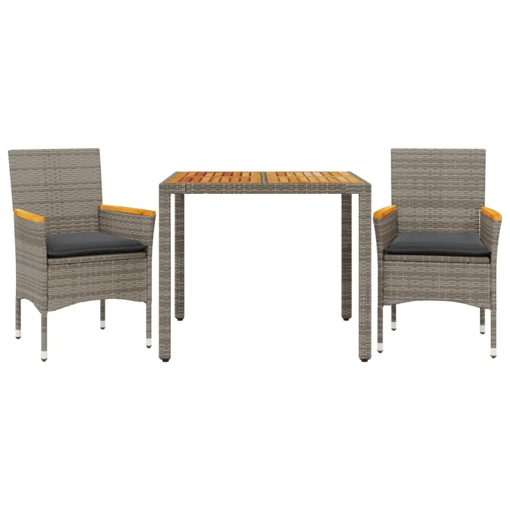 Ensemble de 3 pcs table de jardin et chaises avec coussins – mobilier de jardin gris rotin acacia-JU2641