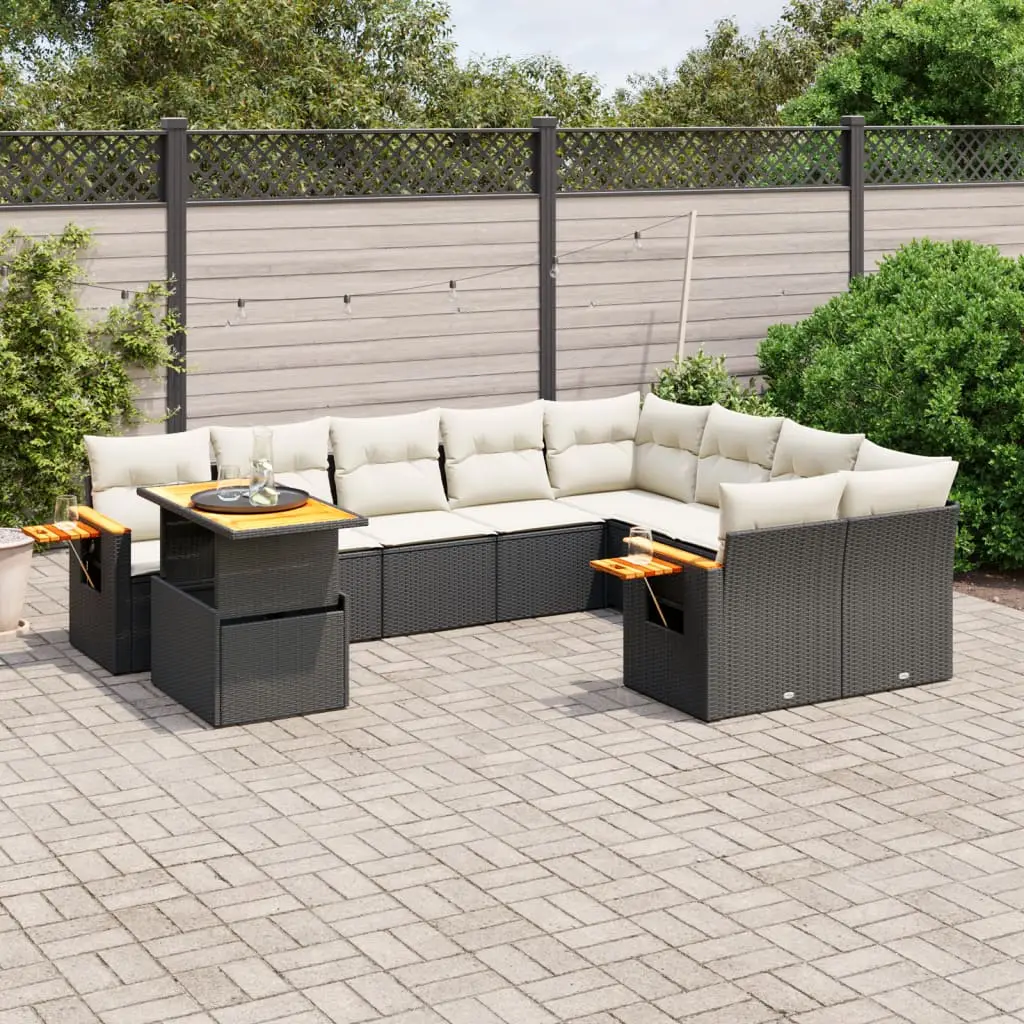 Ensemble d’extérieur 10 pcs en poly rotin avec table fonctionnelle Noir – ComfortXL Outdoor Living