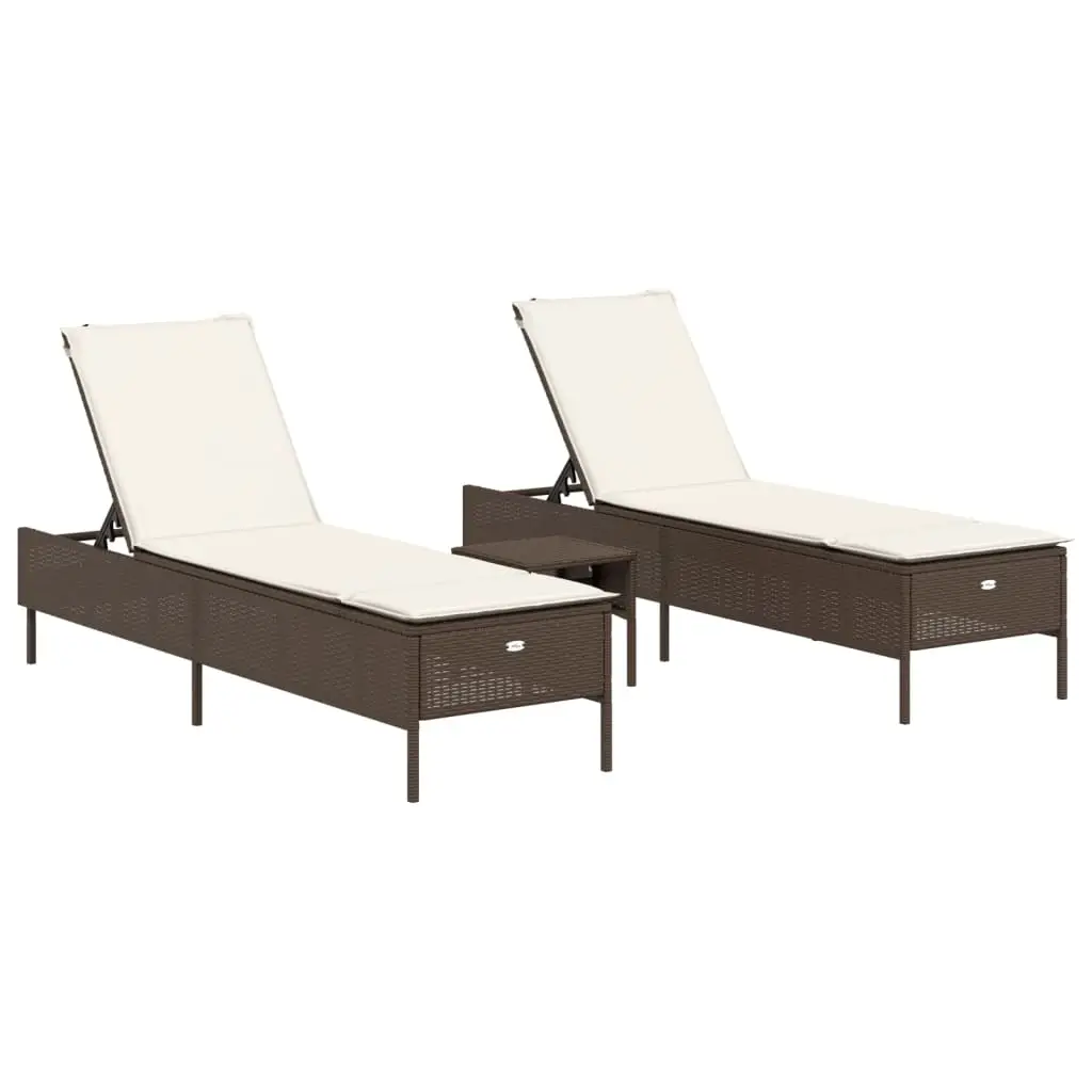 Ensemble de 3 pcs Bain de soleil – Transats – Chaises longues avec coussins marron poly rotin – MEUBLE PRO