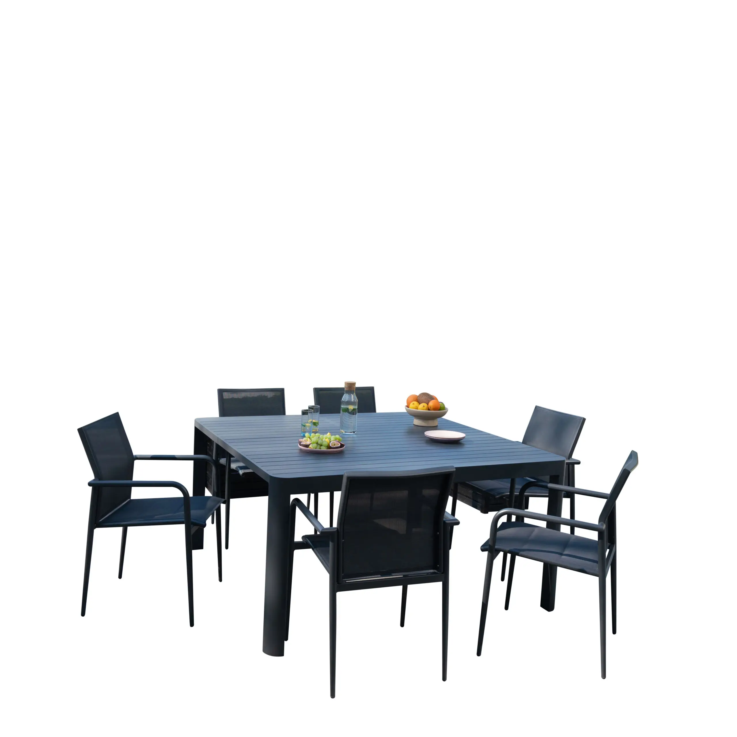 Ensemble Carrée 4/8p en full aluminium Gris avec 6 fauteuils COMO