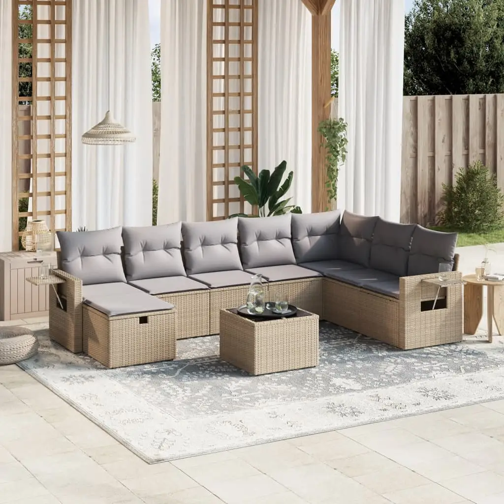 Ensemble Canapés de Jardin 8 Places 9 Éléments Modulables en Poly Rotin Beige Mix et Coussins Gris – ComfortXL Outdoor Living