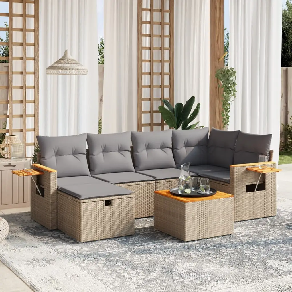 Ensemble de jardin d’angle 7 pièces modulable résine tressée et table acacia Mélange Beige – ComfortXL Outdoor Living