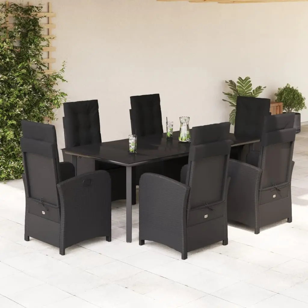 Ensemble de Jardin Repas pour 6, Fauteuils Inclinables en Résine Tressée Noire et Coussins Noirs – ComfortXL Outdoor Living