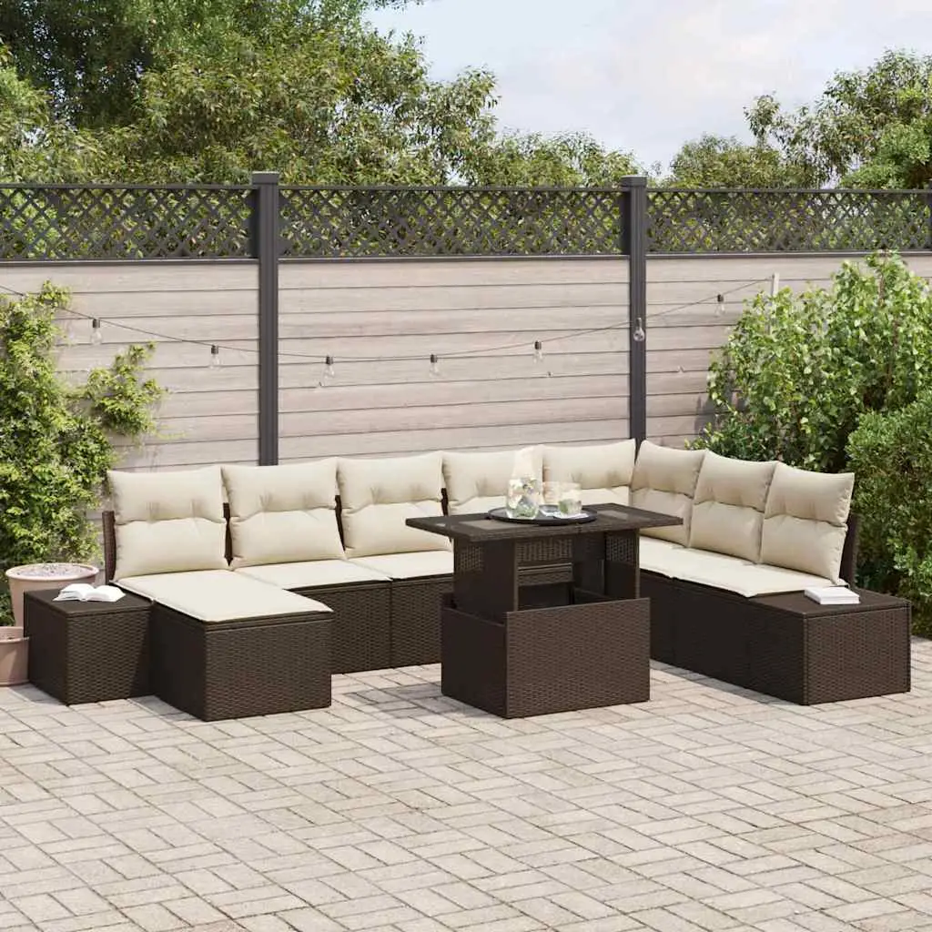 Ensemble de jardin 9 pièces Poly rotin avec rangement et pouf Marron – ComfortXL Outdoor Living
