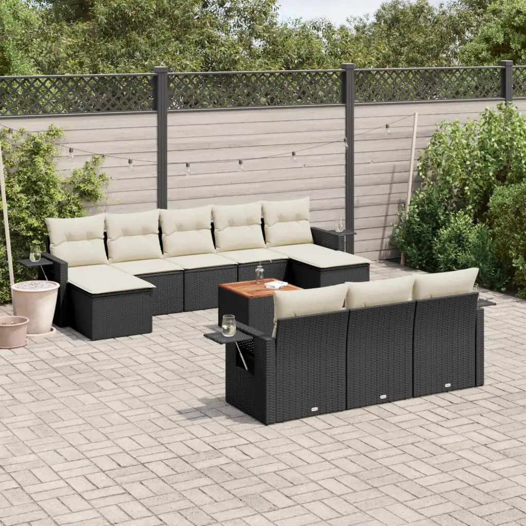 Ensemble Canapé Extérieur 10 Places 11 Pièces Poly Rotin Noir Coussins Crème pour Jardin – ComfortXL Outdoor Living