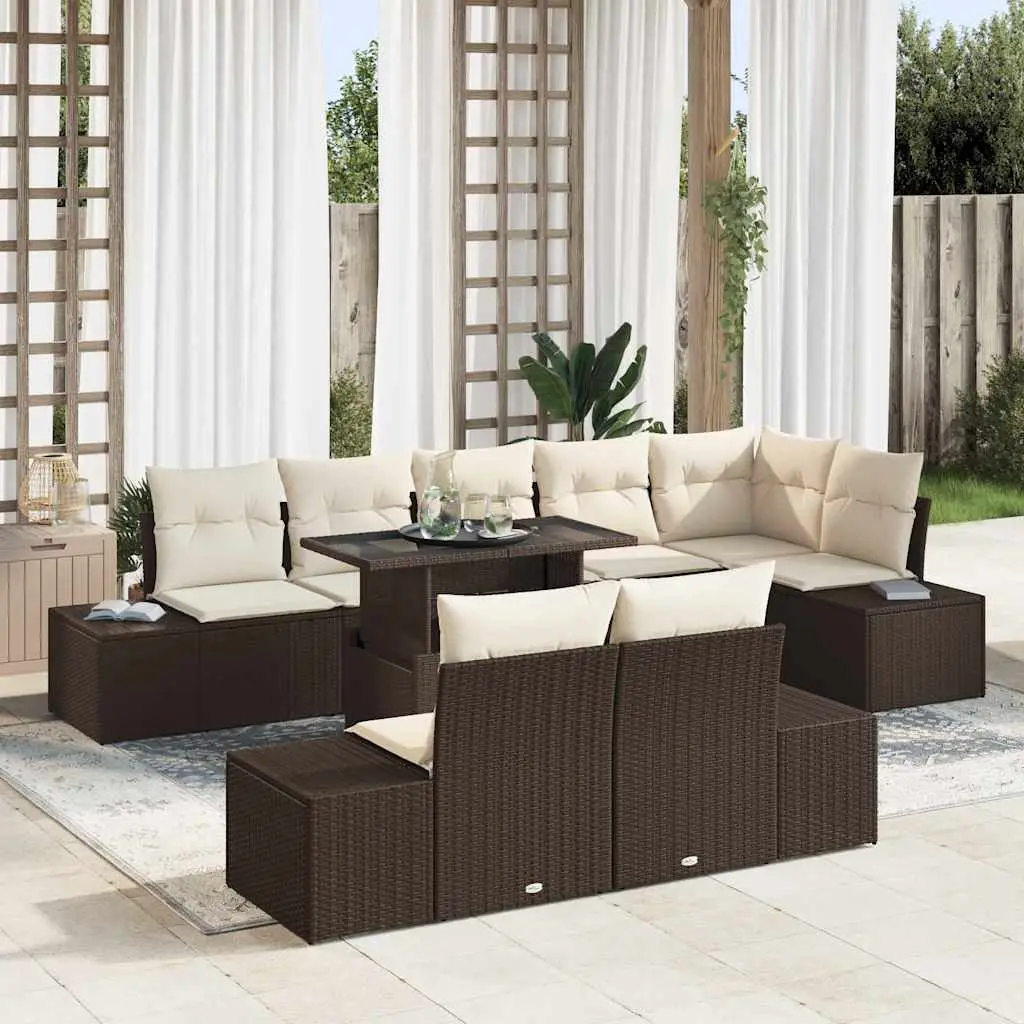 Ensemble Canapé Terrasse 9 pcs Polyrotin Marron & Crème Table Ajustable Repas – ComfortXL Outdoor Living