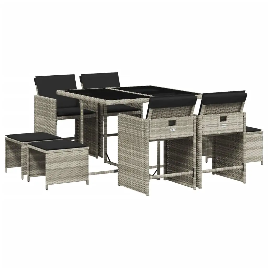 Ensemble de 9 pcs table de jardin et chaises avec coussins – mobilier de jardin gris clair rotin-JU2795