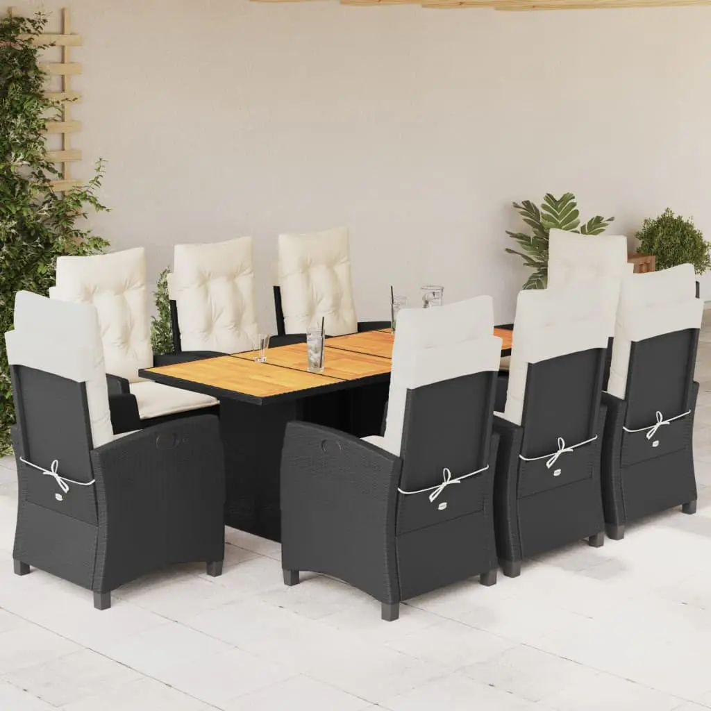 Ensemble de Jardin 8 Personnes, Table 190cm Bois d’Acacia et Fauteuils Inclinables Noirs, Coussins Crème – ComfortXL Outdoor Living
