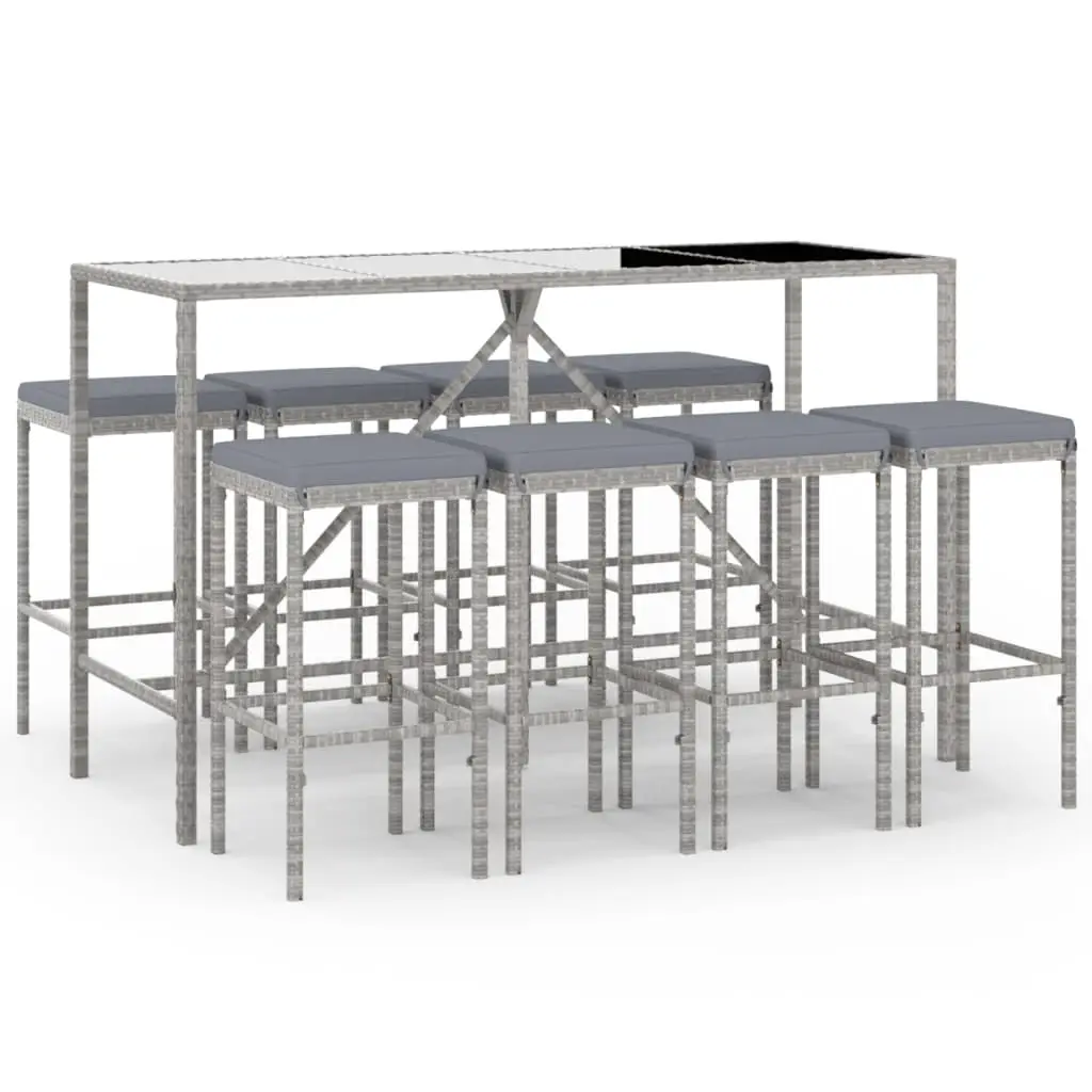 Ensemble de 9 pcs bar de jardin – Mobilier d’extérieur – Mobilier de jardin avec coussins gris poly rotin-JU2187