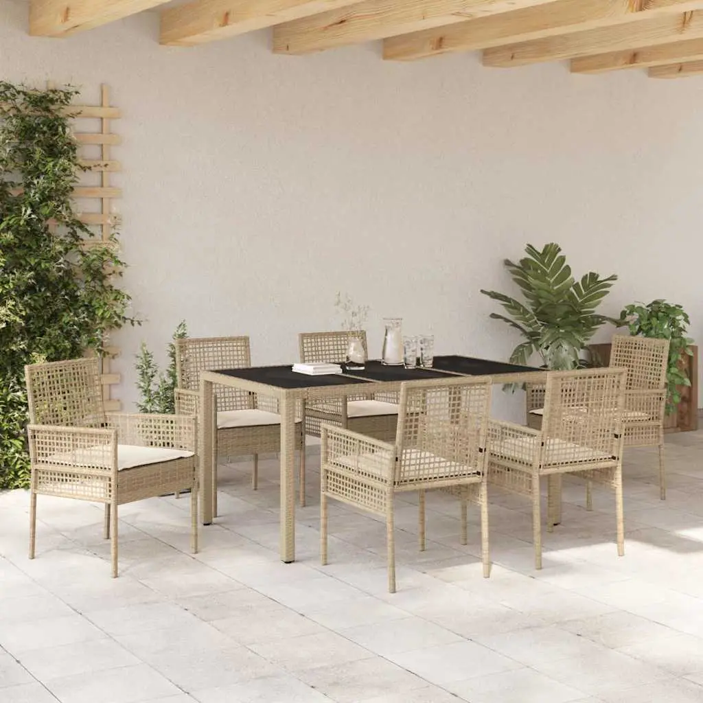 Ensemble de repas 6 personnes pour extérieur en résine tressée beige avec table en verre – ComfortXL Outdoor Living