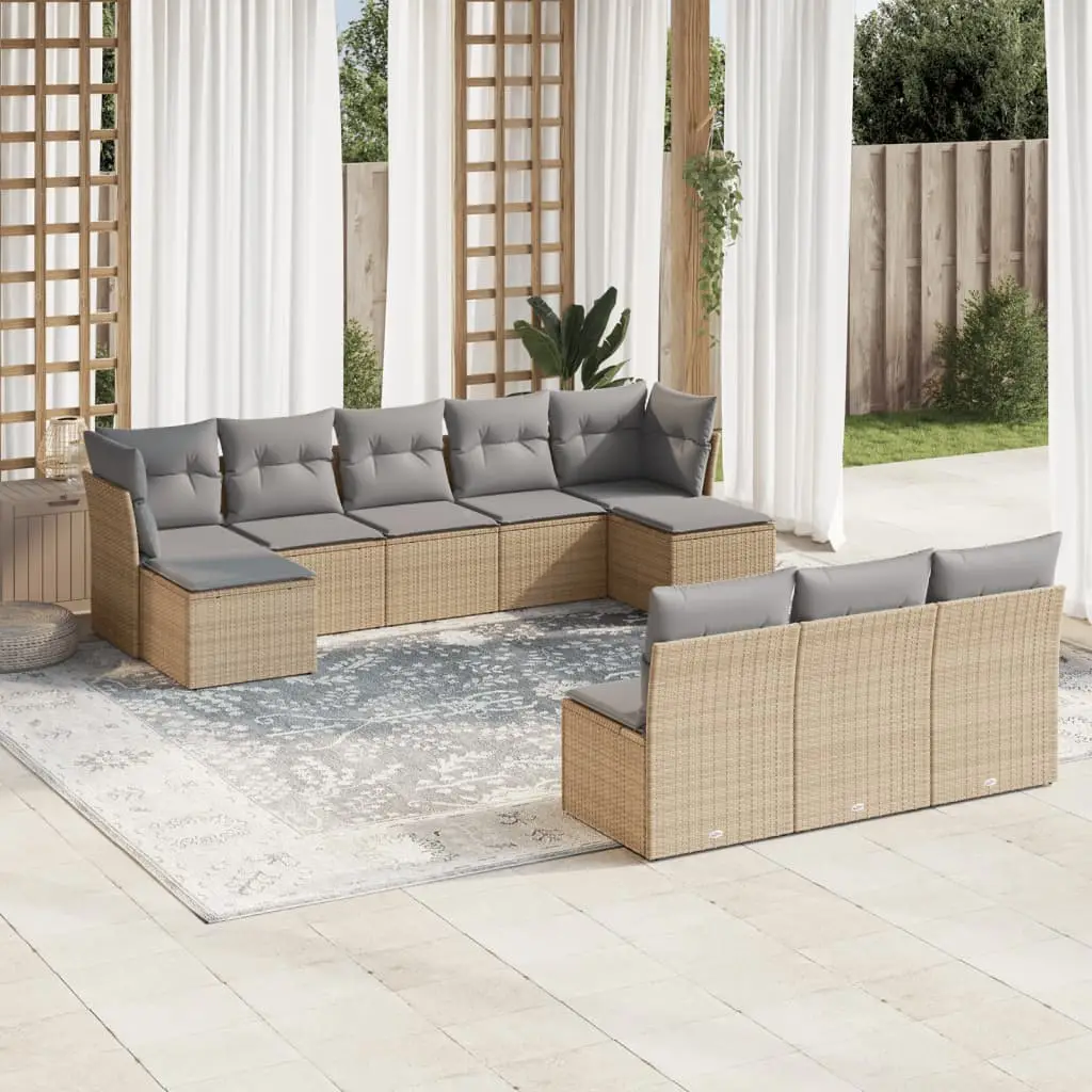 Ensemble Canapé de Jardin 10 Places Résine Tressée Modulable avec Tabourets pour Extérieur Beige et Gris Clair – ComfortXL Outdoor Living