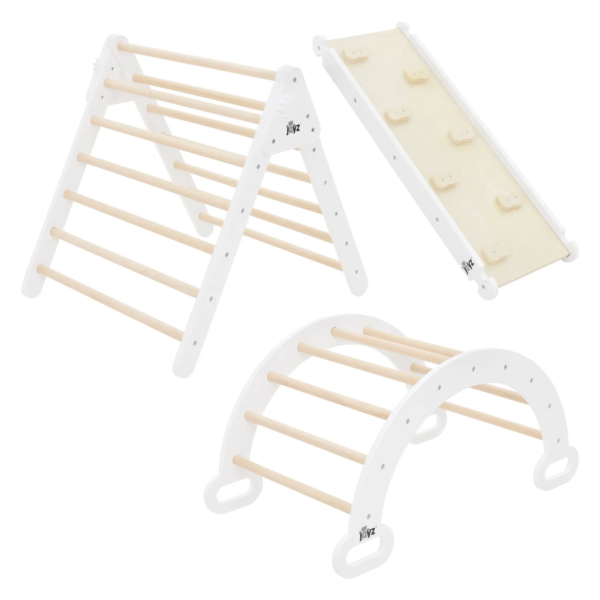Ensemble d’escalade blanc en bois avec triangle/arche à grimper/toboggan convient enfants dès 2 ans développe la motricité l’équilibre la sécurité