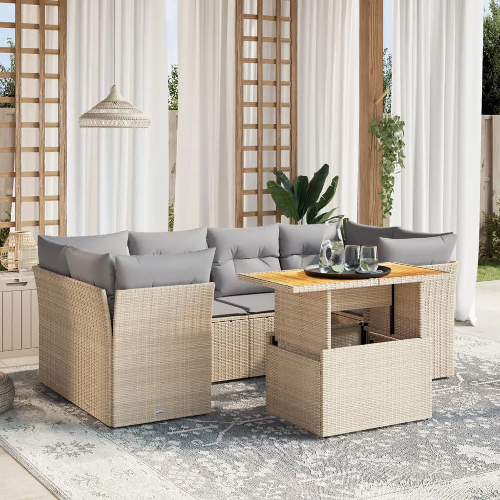 Ensemble de Jardin 7 Éléments Beige Résine Tressée avec Table Plateau Bois Réglable – ComfortXL Outdoor Living