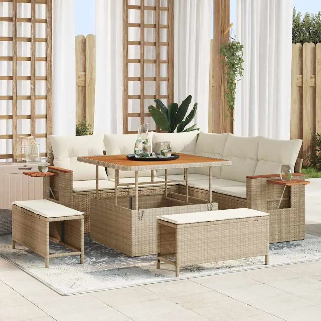 Ensemble Canapé Détente Extérieur Résine Tressée et Acacia avec Grands Poufs Beige – ComfortXL Outdoor Living