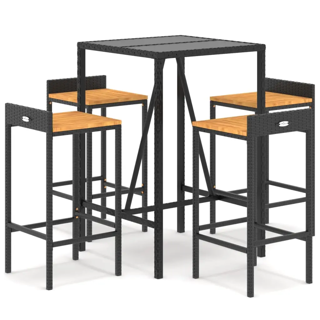 Ensemble de 5 pcs bar de jardin – Mobilier d’extérieur noir poly rotin/bois massif acacia-JU2132