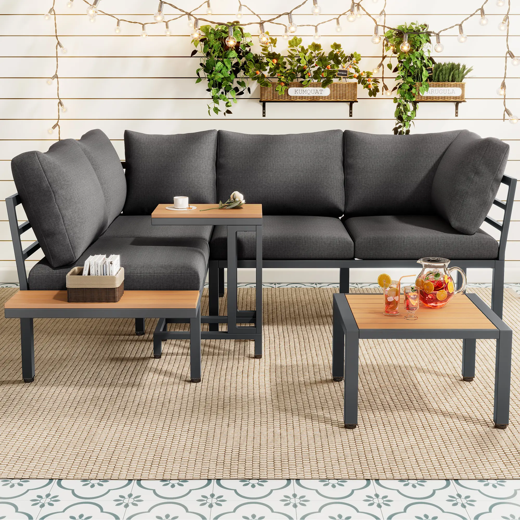 Ensemble de meubles de jardin, canapé + table d’appoint + table basse, plateau en bois plastique, gris + noir